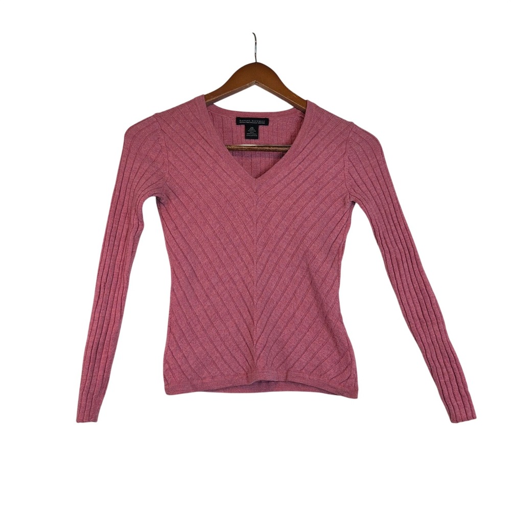 Banana Republic XS Extra Fine Italian Merino Wool Y2K V-Neck Ribbed Sweater Pink